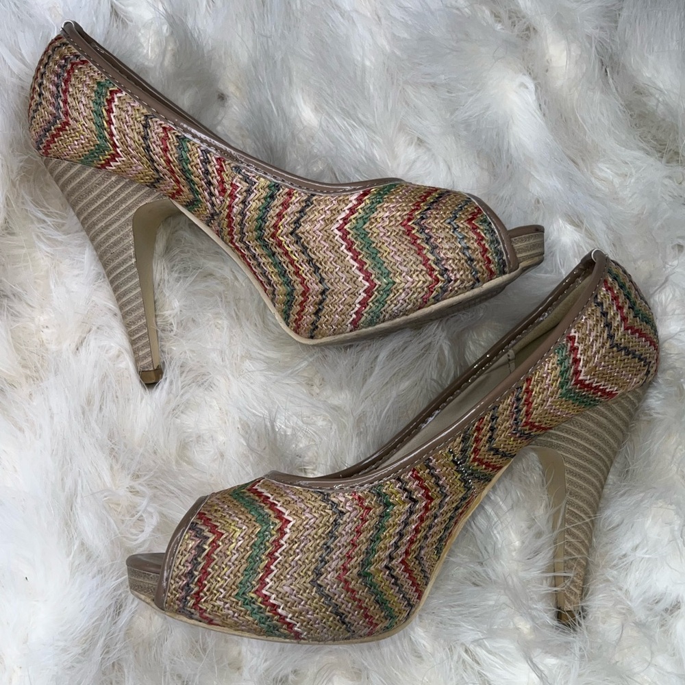 Henry Ferrera Italy GOOD GIRL Beige Chevon Stripe Open Toe Slip On High Heels 8